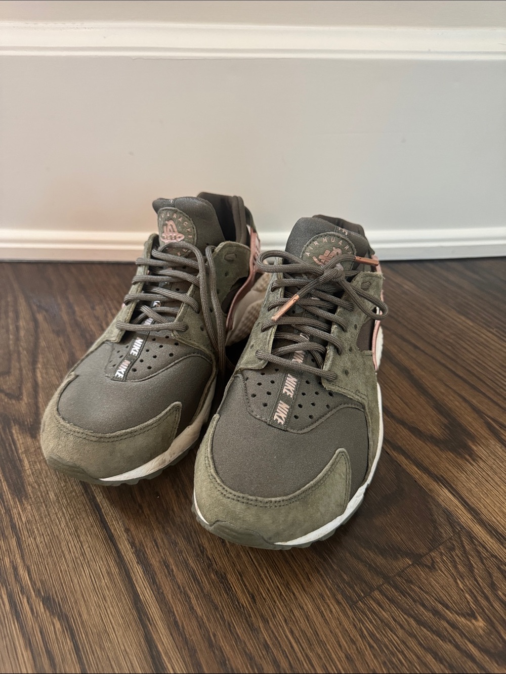 Women’s Olive Green Nike Air Huarache sneakers with Rose Gold Accents